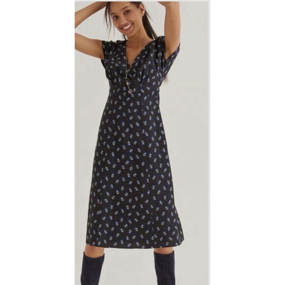 Women’s Boden 8R Floral Empyre Waist Midi Dress Medium Short Sleeve V-neck - Picture 1 of 7